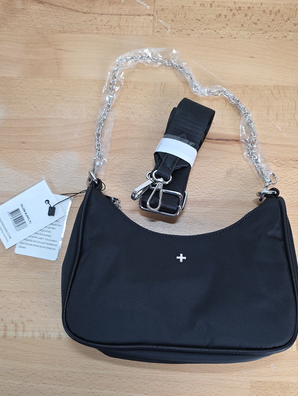 Peta + Jain Sleek Black Shoulder Bag with Silver Chain Strap New